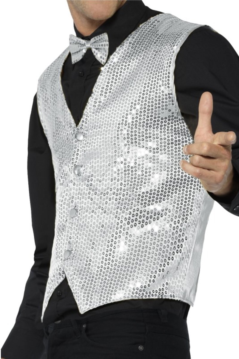 Glitter & Glamour Kostuum | Glinsterend Zilveren Pailletten Vest Man | Small | Carnaval kostuum |  